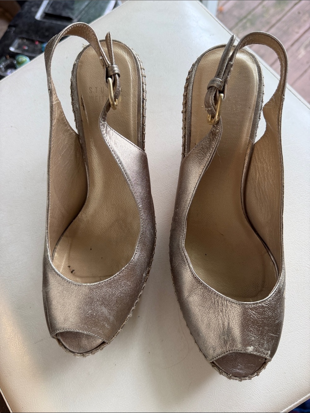 Stuart Weitzman Metallic Leather Cork Wedge Slingback Peep Toe Sandals W 6.5